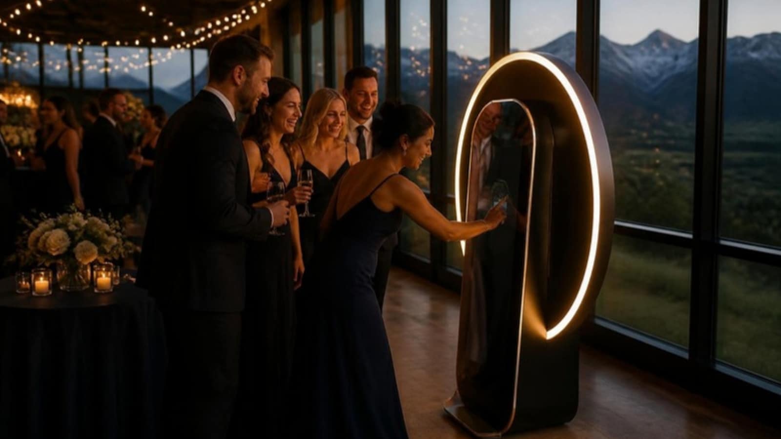 Wedding guests laughing as one touches a full-length mirror photo booth with a glowing curved frame, mountains visible through the windows at dusk