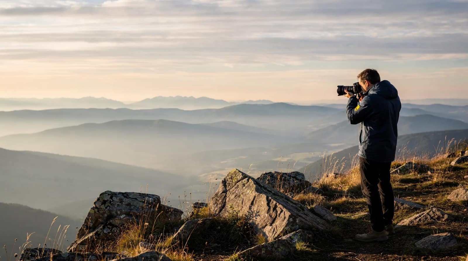 A photographer in a dark jacket photographing a misty mountain range at sunrise from a rocky summit