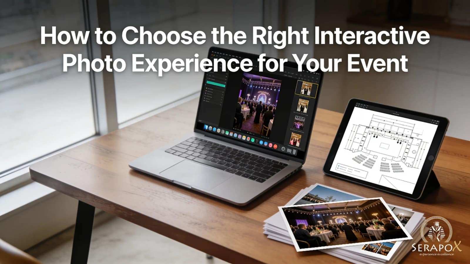 Title card reading "How to Choose the Right Interactive Photo Experience for Your Event" over a desk with a laptop showing event photos, a tablet with a venue floor plan and a stack of printed event photos
