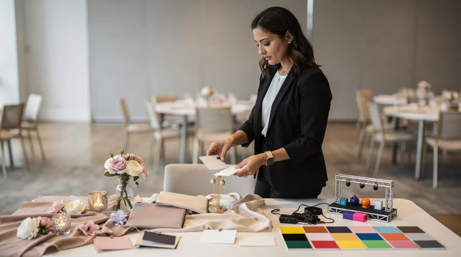 An event planner in a black blazer arranging colour swatches, stationery samples and a miniature lighting rig on a table in an empty banquet room