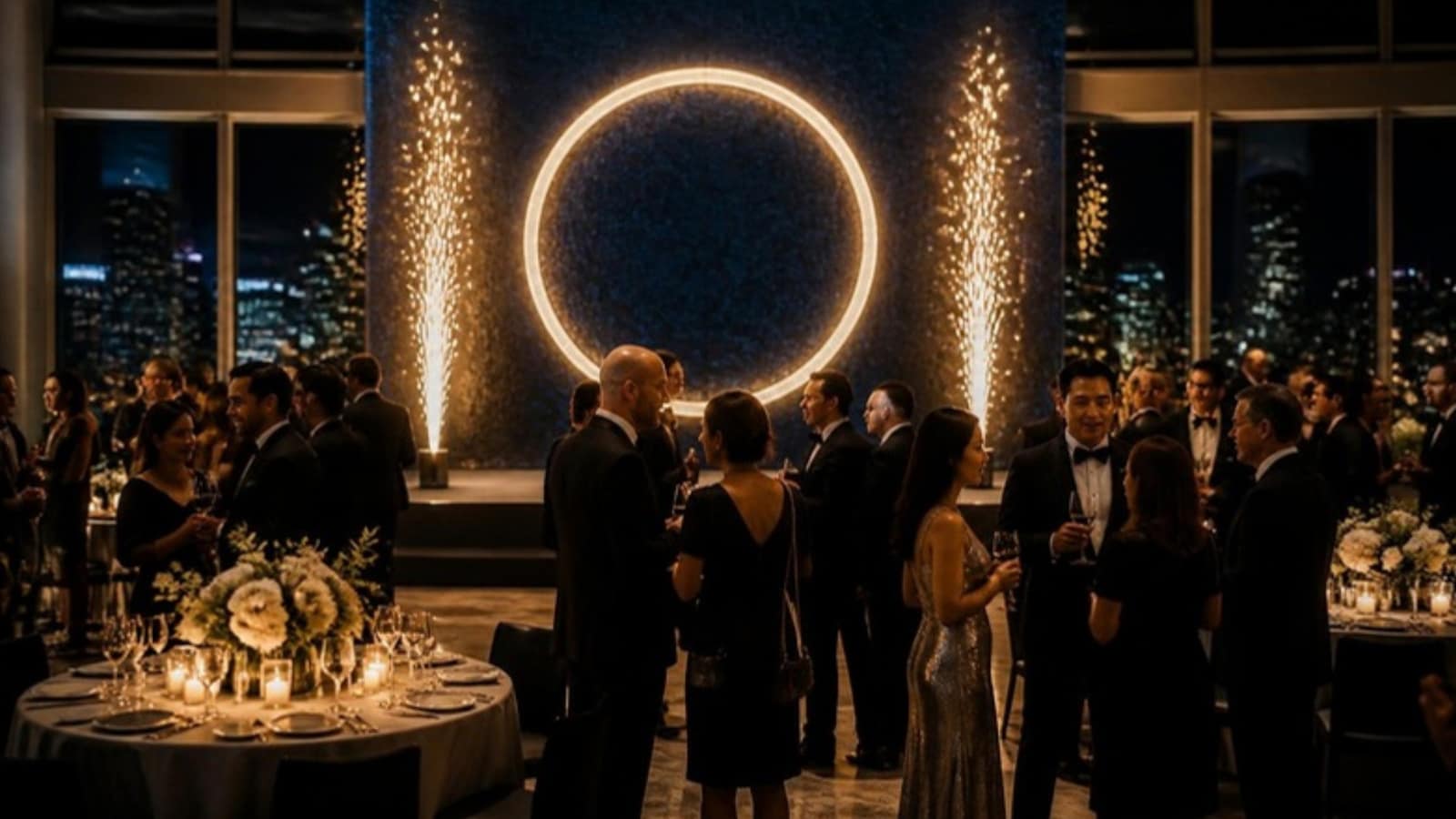 Guests at an elegant corporate gala mingling beneath a glowing circular lit installation, with indoor cold sparkler fountains on either side of the stage
