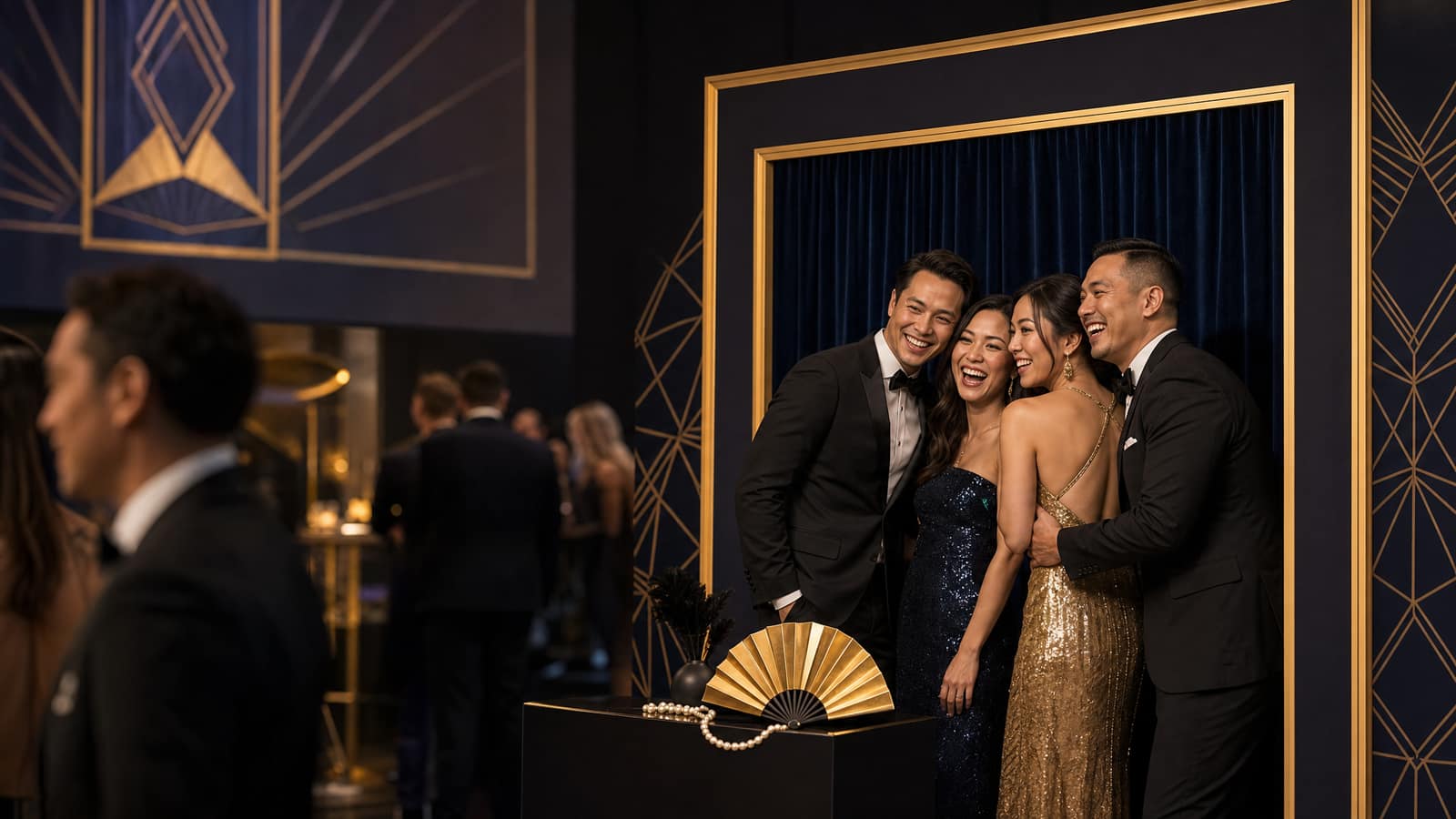 Four smiling guests in formal wear posing together in front of an art-deco photo backdrop with a gold frame and a navy velvet curtain