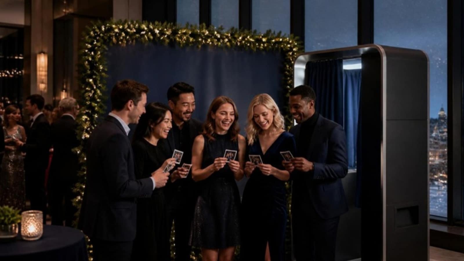 Colleagues at a corporate holiday party laughing over instant photo prints in front of a garland-framed backdrop, beside an enclosed photo booth, with a snowy city skyline outside