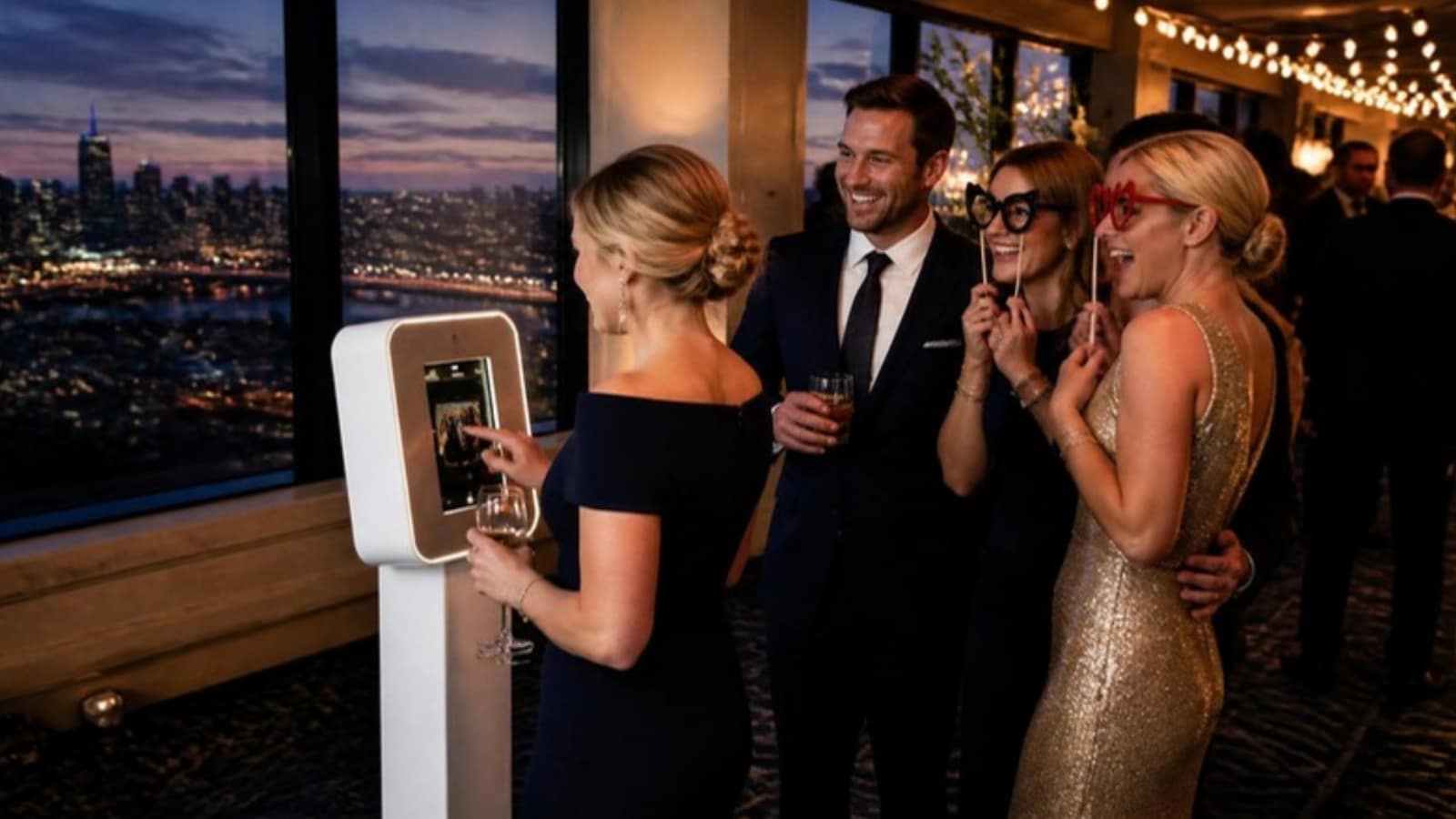A guest tapping the screen of a white pedestal tablet photo booth while friends pose with props, with a city skyline at dusk outside the window