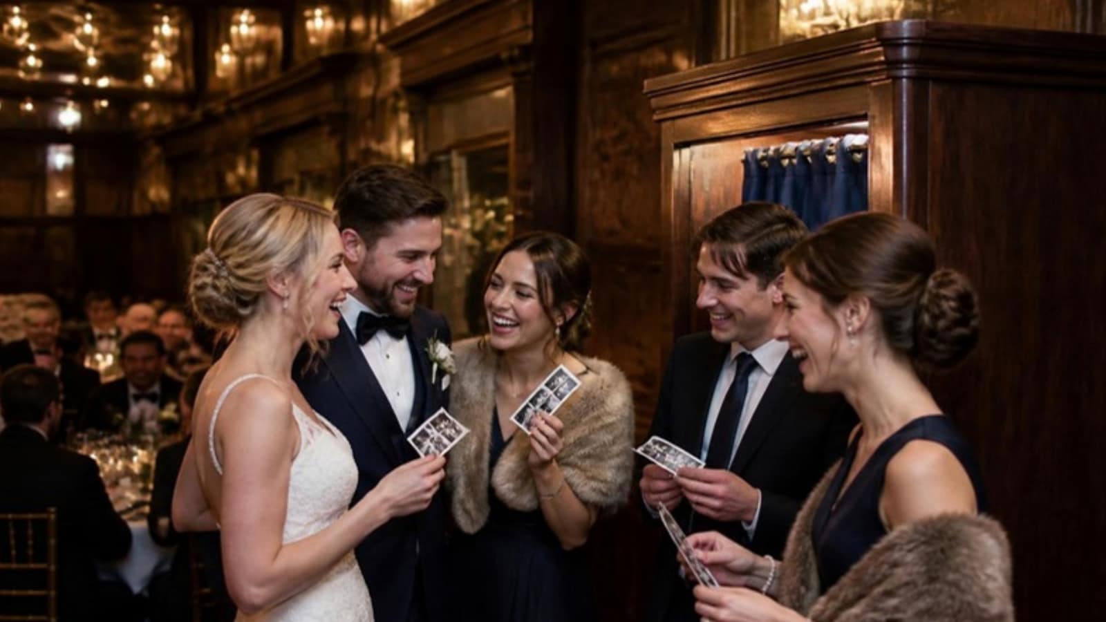 A bride, groom and guests laughing over black-and-white photo strips beside a curtained wooden photo booth at a wood-panelled winter reception
