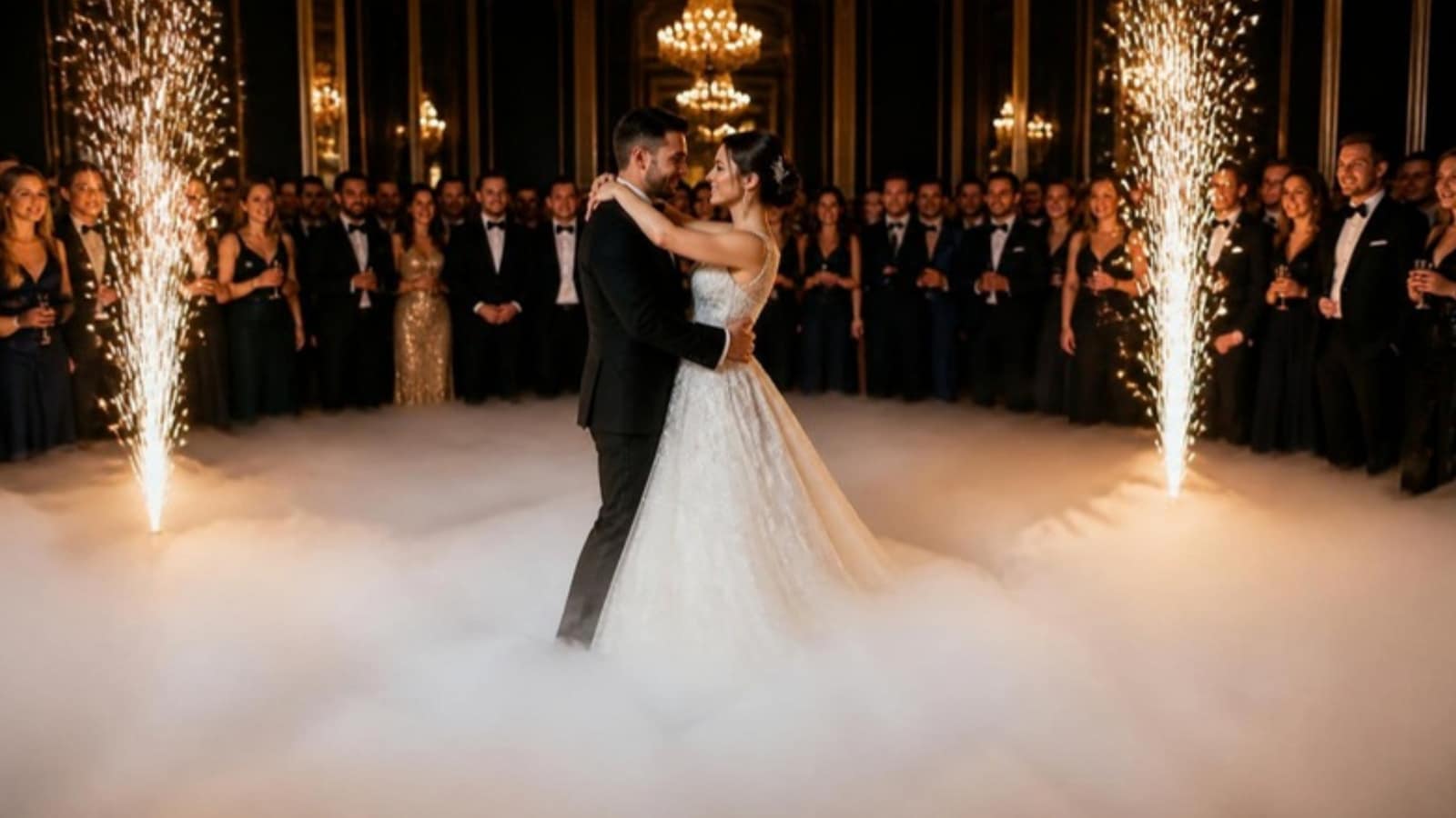 A couple sharing their first dance on a floor of low-lying cloud, with cold sparkler fountains on either side and guests watching
